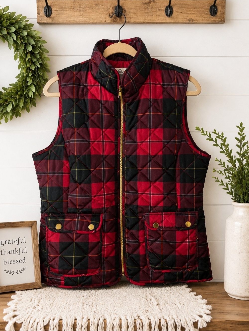 St. John's Bay Red and Black Quilted Plaid Vest